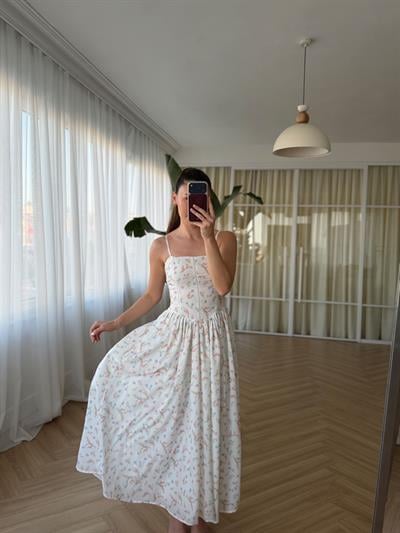 Nosa Floral Desen Beyaz Elbise