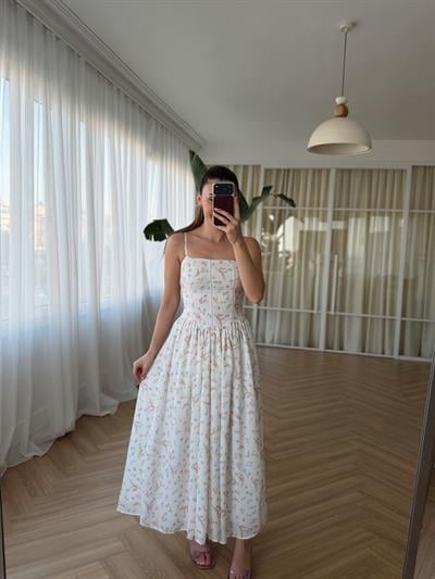 Nosa Floral Desen Beyaz Elbise