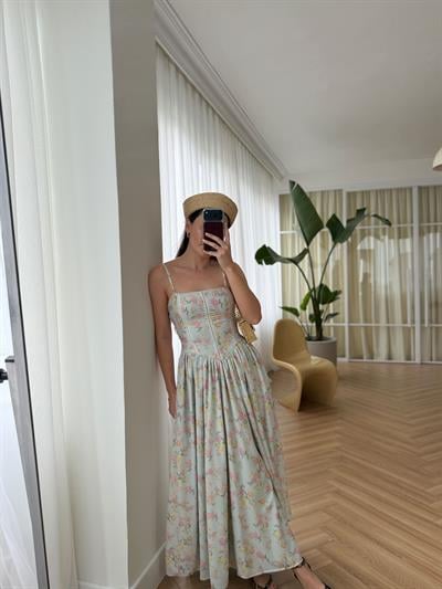 Nosa Floral Desen Su Yeşili Elbise