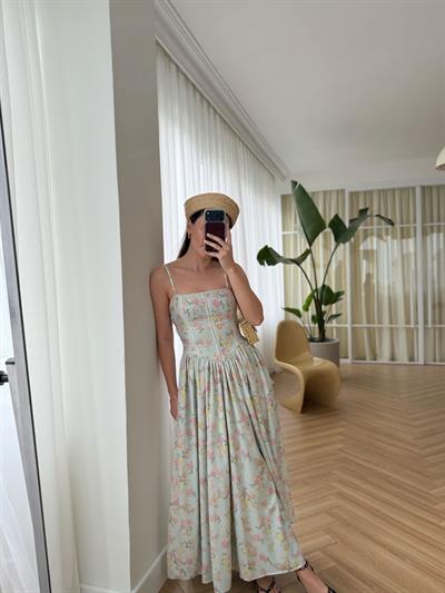 Nosa Floral Desen Su Yeşili Elbise