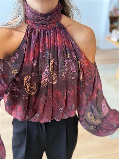 Omuz Dekolteli Şal Desen Şifon Bluz