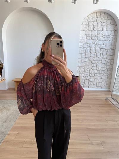 Omuz Dekolteli Şal Desen Şifon Bluz