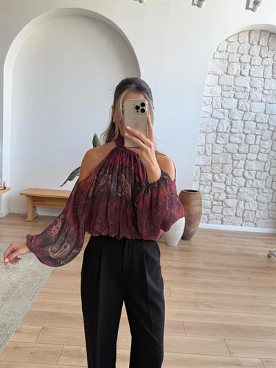 Omuz Dekolteli Şal Desen Şifon Bluz