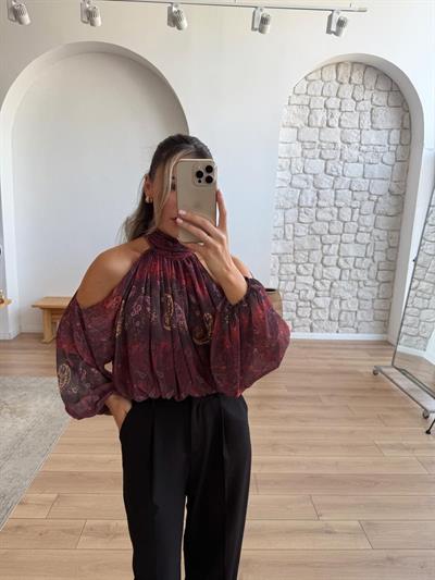 Omuz Dekolteli Şal Desen Şifon Bluz