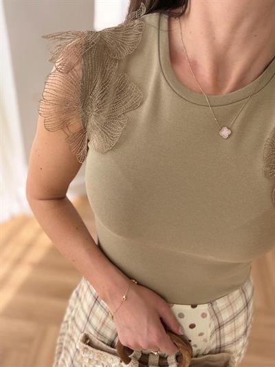 Omuzları Çiçek Detaylı Haki Bluz