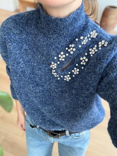 Omzu Taş Detaylı Mavi Kazak