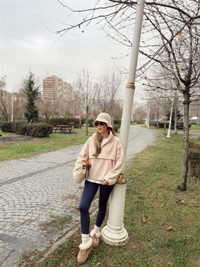 Ön Cepli Bej Polar Sweatshirt