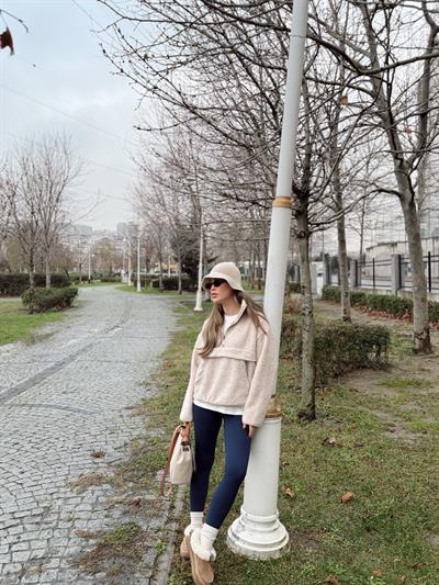 Ön Cepli Bej Polar Sweatshirt