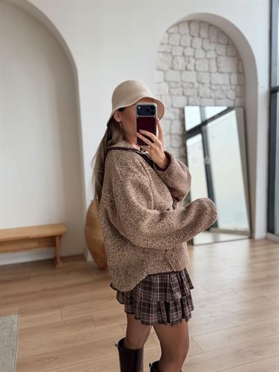 Ön Cepli Kahverengi Polar Sweatshirt