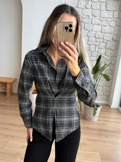 Önden Pileli Siyah Ekose Gömlek