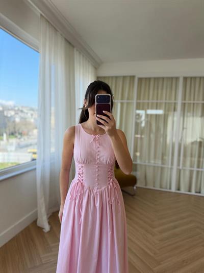 Önü Düğmeli Etek Ucu Fistolu Pembe Elbise