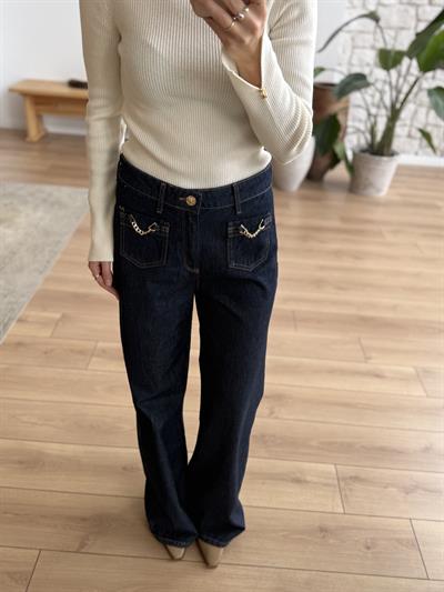 Önü Zincir Detaylı Lacivert Jean