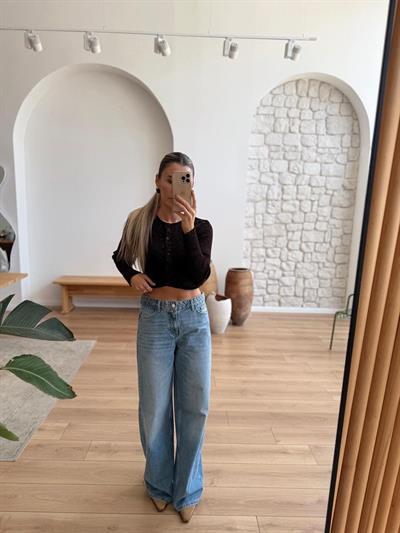 Örgü Bel Detaylı Geniş Paça Jean Pantolon
