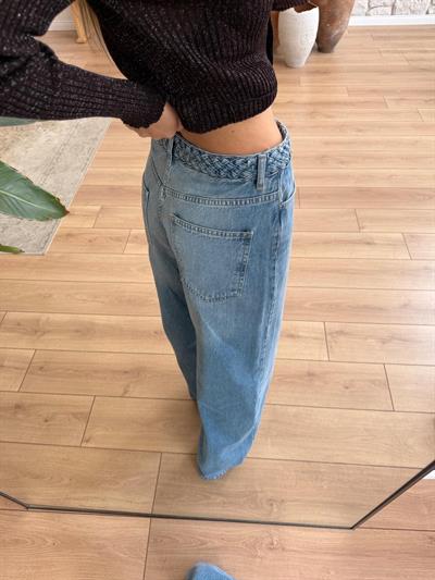 Örgü Bel Detaylı Geniş Paça Jean Pantolon