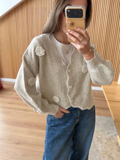 Örgü Çiçekli Bej Hırka