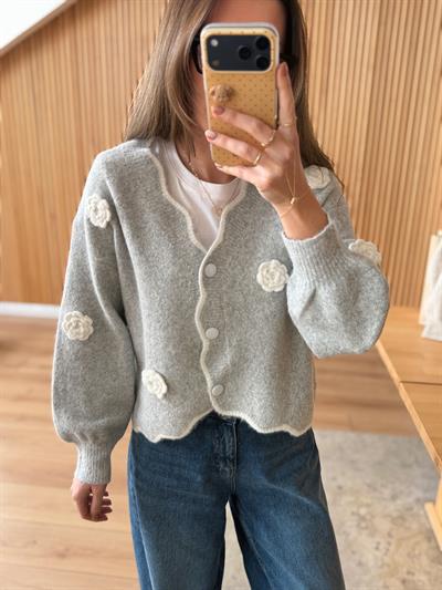 Örgü Çiçekli Gri Hırka