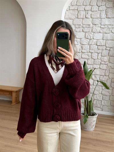 Örgü Gül Düğmeli Bordo Hırka