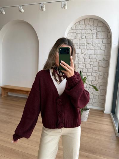 Örgü Gül Düğmeli Bordo Hırka