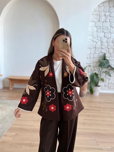 Punch İşlemeli Kahverengi Ceket