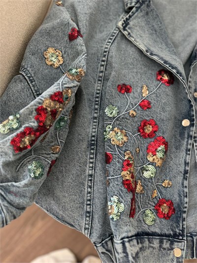 Payet Çiçek İşlemeli Bomber Denim Ceket