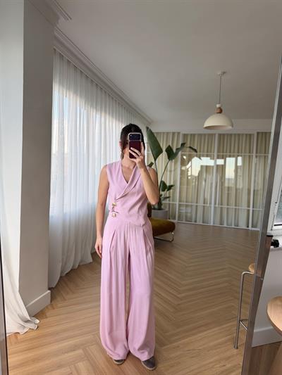 Pembe Asimetrik Yelek Pantolon Takım