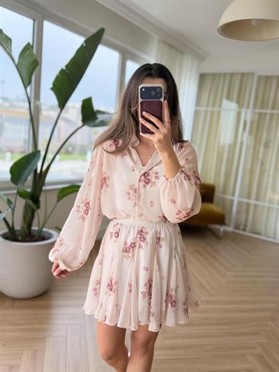 Pembe Çiçekli Şifon Takım