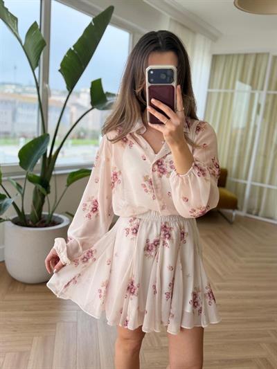 Pembe Çiçekli Şifon Takım