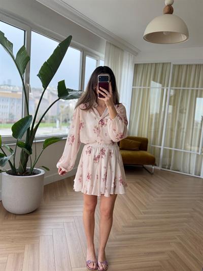 Pembe Çiçekli Şifon Takım