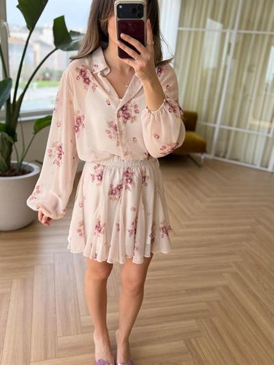 Pembe Çiçekli Şifon Takım