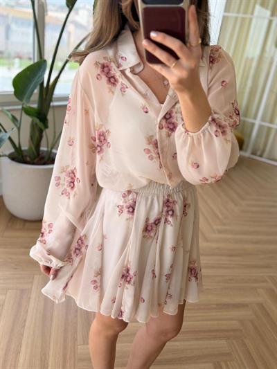 Pembe Çiçekli Şifon Takım