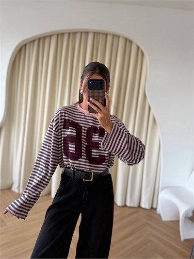 Pembe Gri Çizgili Sweat