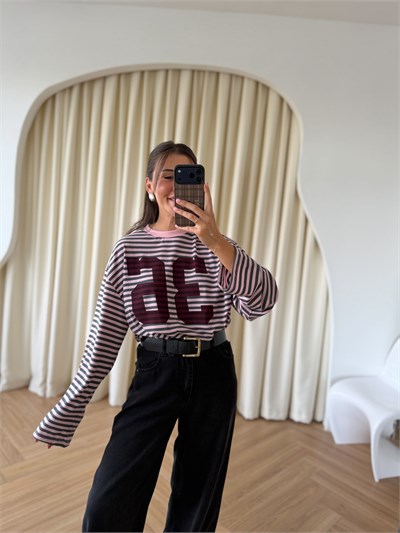 Pembe Gri Çizgili Sweat