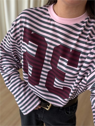 Pembe Gri Çizgili Sweat