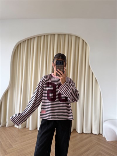 Pembe Gri Çizgili Sweat