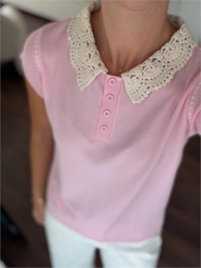 Pembe Güpürlü Polo Yaka Triko