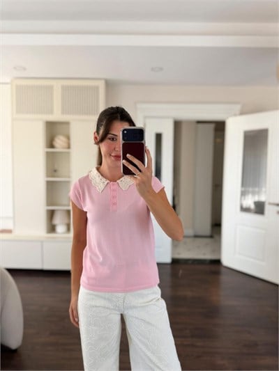 Pembe Güpürlü Polo Yaka Triko