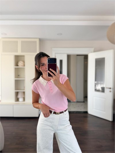 Pembe Güpürlü Polo Yaka Triko