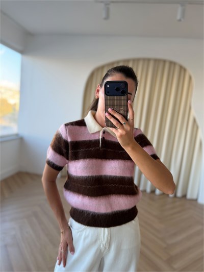 Pembe Kahverengi Çizgili Polo Yaka Triko