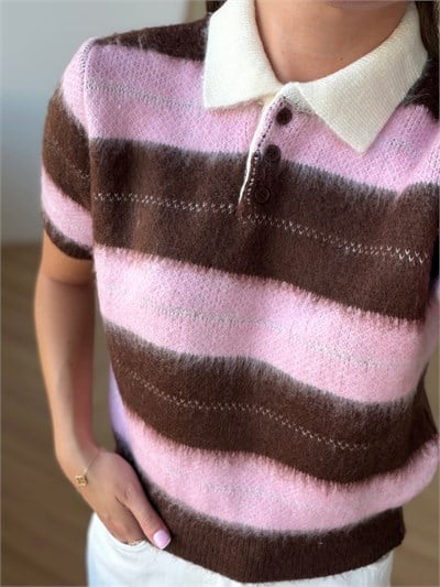 Pembe Kahverengi Çizgili Polo Yaka Triko