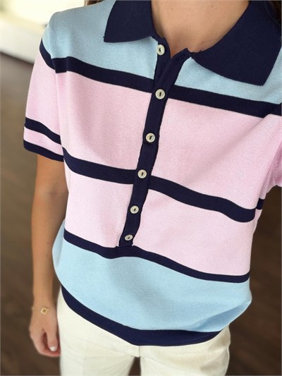 Pembe Mavi Çizgili Polo Yaka Triko