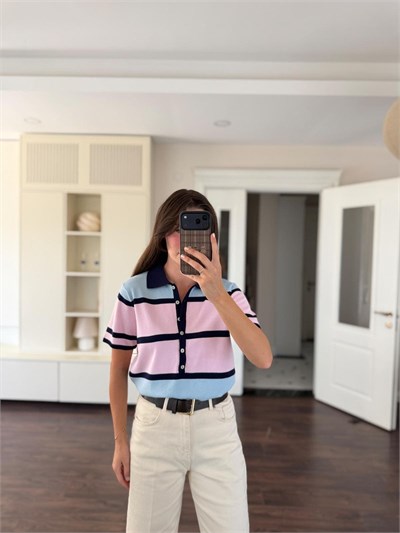 Pembe Mavi Çizgili Polo Yaka Triko
