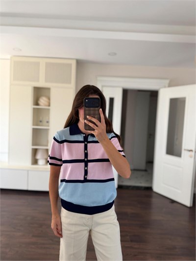 Pembe Mavi Çizgili Polo Yaka Triko