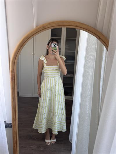 Perla Çizgili Sarı Elbise