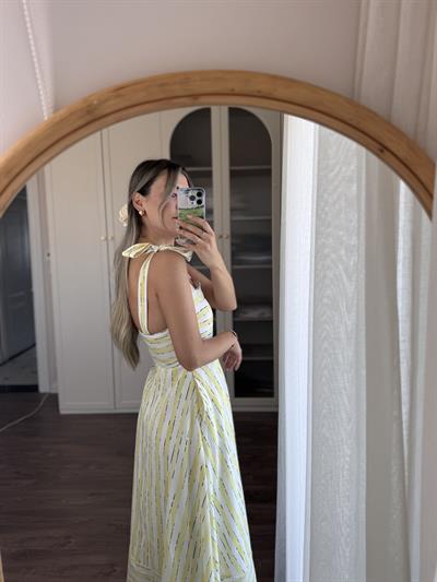 Perla Çizgili Sarı Elbise