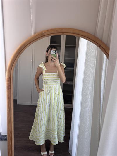 Perla Çizgili Sarı Elbise