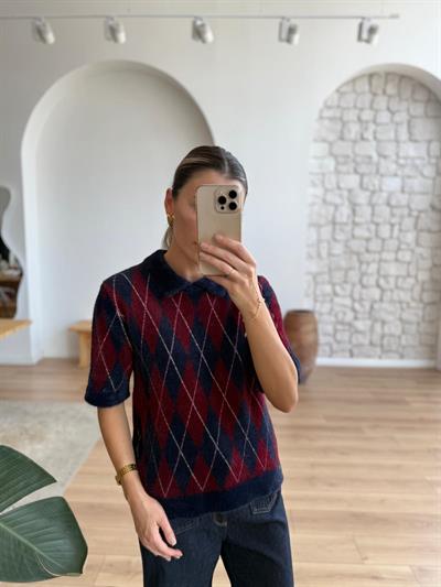 Polo Yaka Baklava Desen Bordo Lacivert Kısa Kollu Kazak