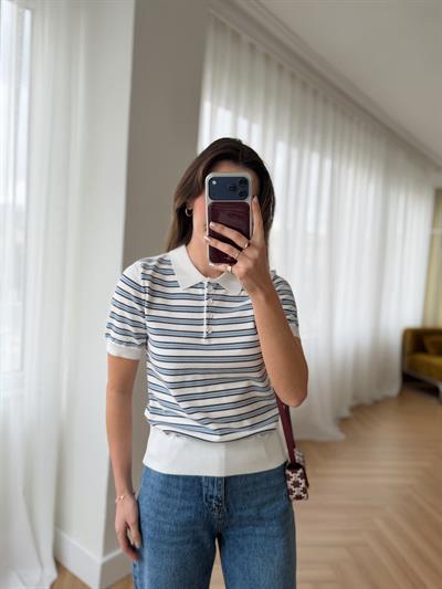 Polo Yaka Bebek Mavisi Çizgili Kısa Kollu Triko