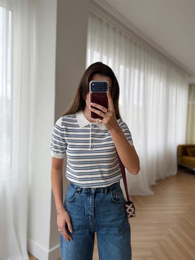 Polo Yaka Bebek Mavisi Çizgili Kısa Kollu Triko