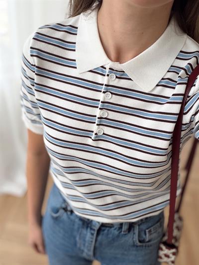 Polo Yaka Bebek Mavisi Çizgili Kısa Kollu Triko