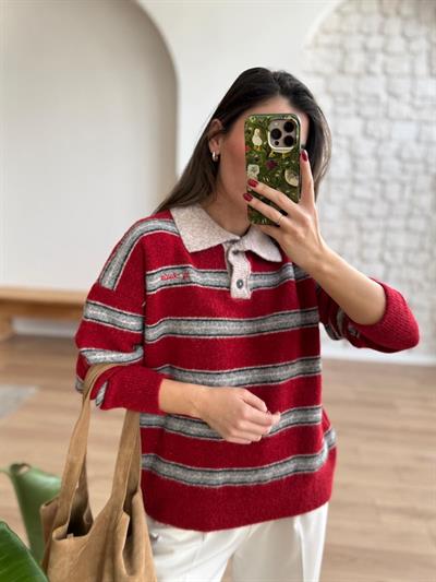 Polo Yaka Çizgili Kırmızı Kazak
